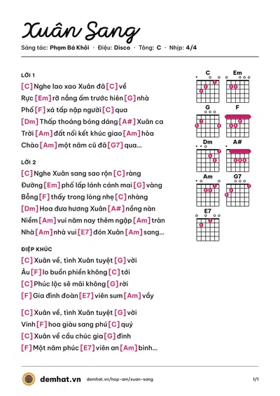 Hợp âm Xuân Sang (Hoàng Lưu) – bản nhạc PDF trang 1, tông C
