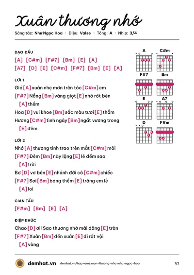 Hợp âm Xuân thương nhớ (Diệu Hiền) – bản nhạc PDF trang 1, tông A