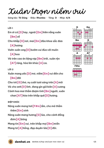 Hợp âm Xuân trọn niềm vui (Tô Dũng) – bản nhạc PDF trang 1, tông D