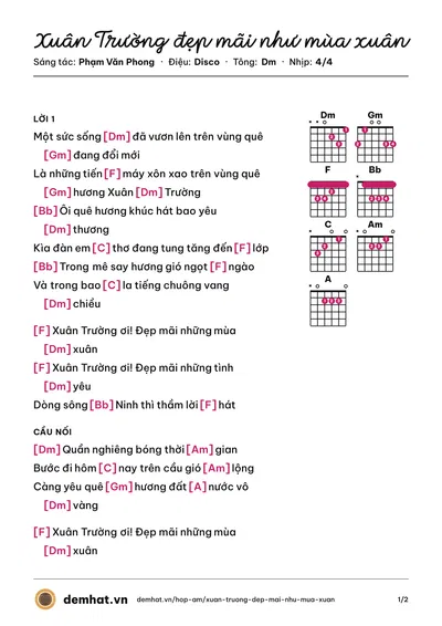 Hợp âm Xuân Trường đẹp mãi như mùa xuân (Tốp Ca) – bản nhạc PDF trang 1, tông Dm