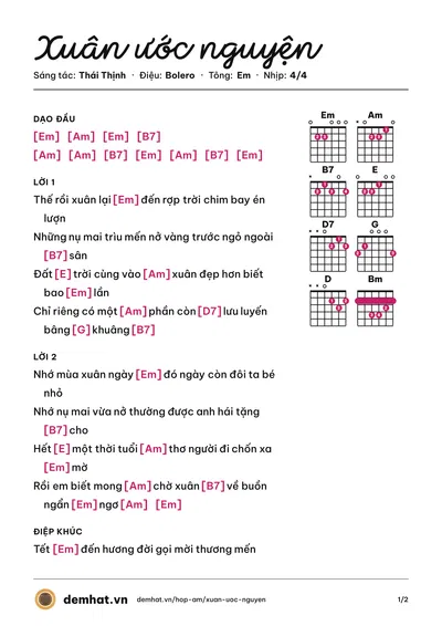 Hợp âm Xuân ước nguyện (Băng Tâm) – bản nhạc PDF trang 1, tông Em
