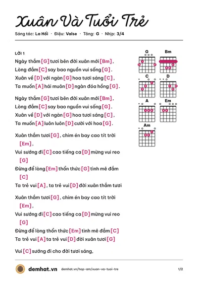 Hợp âm Xuân Và Tuổi Trẻ (Minh Tuyết) – bản nhạc PDF trang 1, tông G