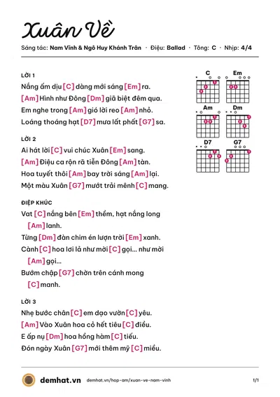 Hợp âm Xuân Về (Nam Vĩnh) – bản nhạc PDF trang 1, tông C