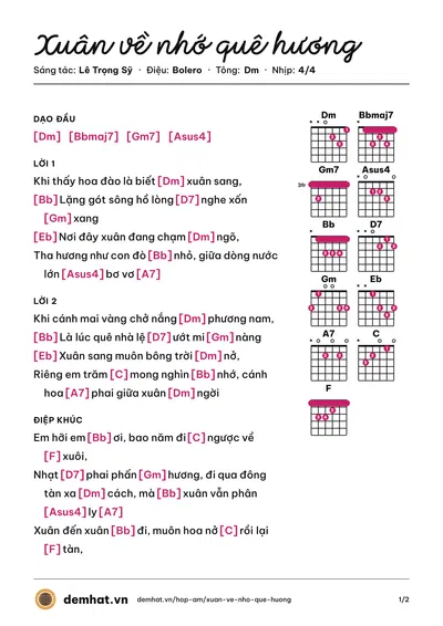Hợp âm Xuân về nhớ quê hương (Nguyễn Thành Viên) – bản nhạc PDF trang 1, tông Dm