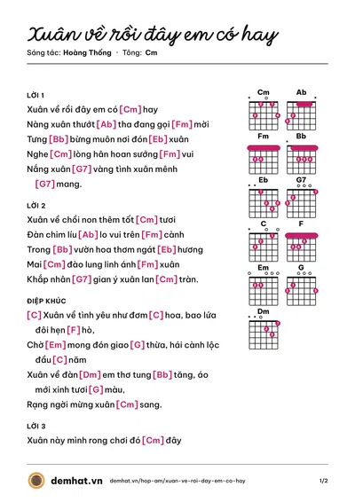 Hợp âm Xuân về rồi đây em có hay (Hoàng Thống) – bản nhạc PDF trang 1, tông Cm