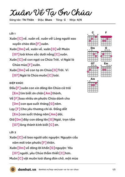 Hợp âm Xuân Về Tạ Ơn Chúa (Isaac Thái) – bản nhạc PDF trang 1, tông C