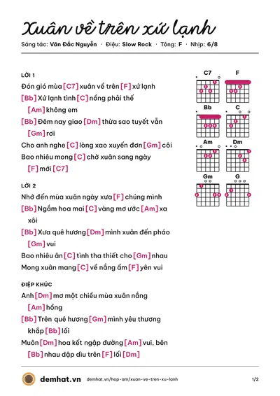 Hợp âm Xuân về trên xứ lạnh (Văn Đắc Nguyễn) – bản nhạc PDF trang 1, tông F