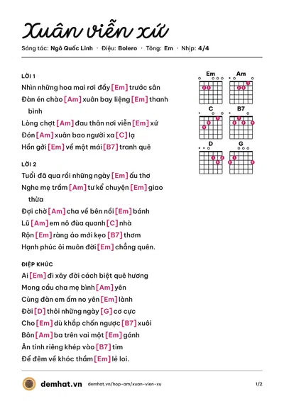 Hợp âm Xuân viễn xứ (Trương Nhất Sinh) – bản nhạc PDF trang 1, tông Em