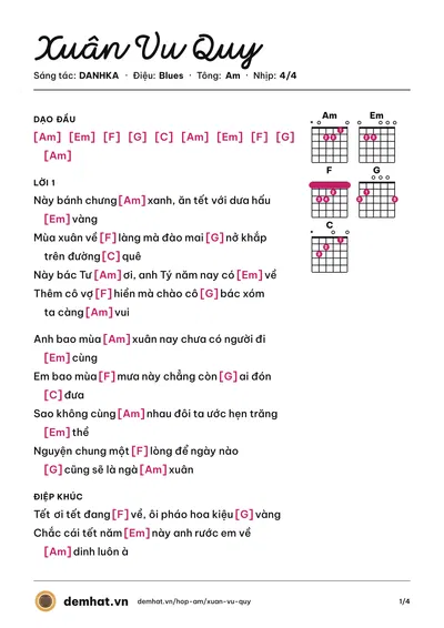 Hợp âm Xuân Vu Quy (DANHKA) – bản nhạc PDF trang 1, tông Am