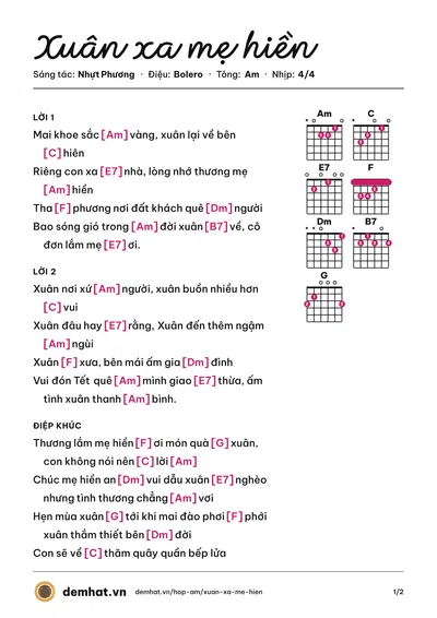 Hợp âm Xuân xa mẹ hiền (Thanh Vinh) – bản nhạc PDF trang 1, tông Am