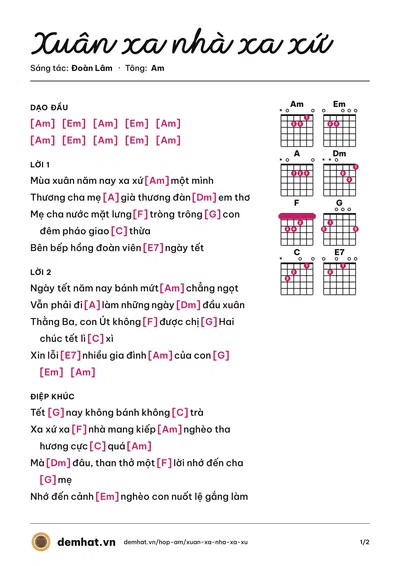 Hợp âm Xuân xa nhà xa xứ (Ngọc Ánh Sáng) – bản nhạc PDF trang 1, tông Am