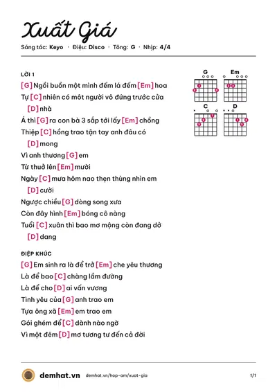 Hợp âm Xuất Giá (Keyo) – bản nhạc PDF trang 1, tông G