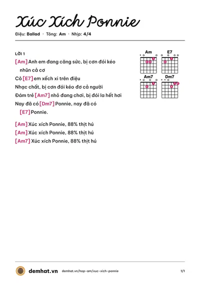 Hợp âm Xúc Xích Ponnie (Antôn Đình Dũng) – bản nhạc PDF trang 1, tông Am