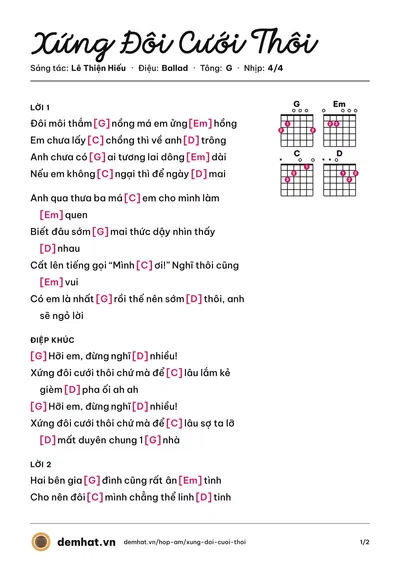 Hợp âm Xứng Đôi Cưới Thôi (Lê Thiện Hiếu) – bản nhạc PDF trang 1, tông G