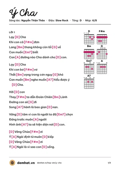 Hợp âm Ý Cha (Nguyễn Thiện Thảo) – bản nhạc PDF trang 1, tông D