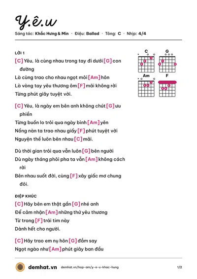 Hợp âm Y.ê.u (Min) – bản nhạc PDF trang 1, tông C