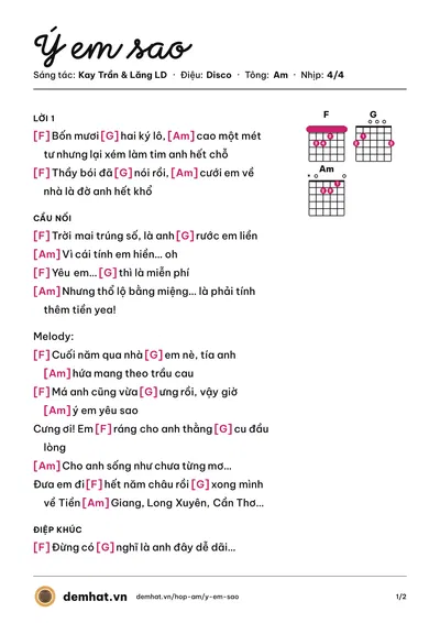 Hợp âm Ý em sao (Kay Trần) – bản nhạc PDF trang 1, tông Am