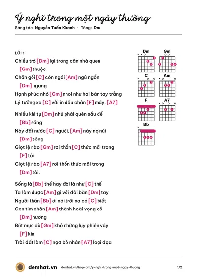 Hợp âm Ý nghĩ trong một ngày thường (Tuấn Ngọc) – bản nhạc PDF trang 1, tông Dm