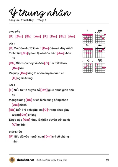 Hợp âm Ý trung nhân (Thanh Duy) – bản nhạc PDF trang 1, tông F