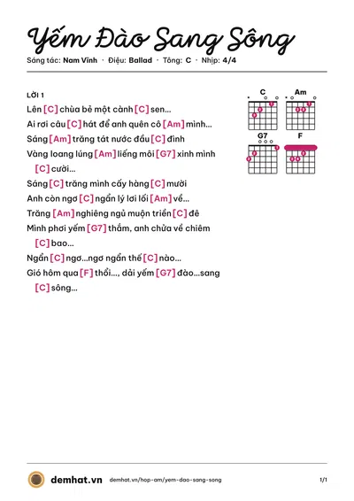 Hợp âm Yếm Đào Sang Sông (Tuấn Khoa) – bản nhạc PDF trang 1, tông C