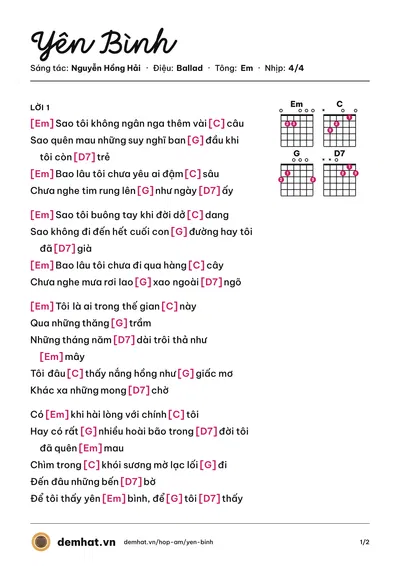 Hợp âm Yên Bình (Nguyễn Hồng Hải) – bản nhạc PDF trang 1, tông Em