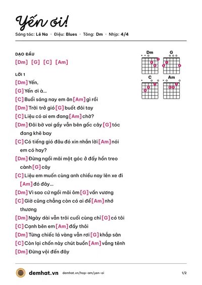 Hợp âm Yến ơi! (Lê Na) – bản nhạc PDF trang 1, tông Dm