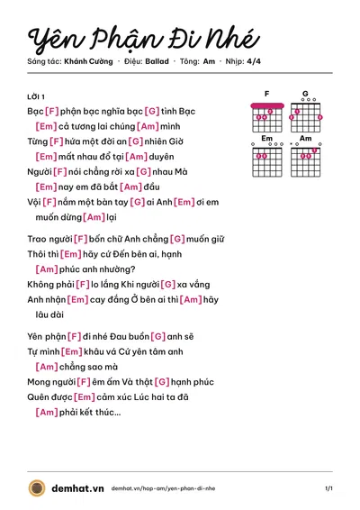 Hợp âm Yên Phận Đi Nhé (Khánh Cường) – bản nhạc PDF trang 1, tông Am