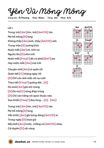 Hợp âm Yên Vũ Mông Mông (Ái Phương) – bản nhạc PDF trang 1, tông Am