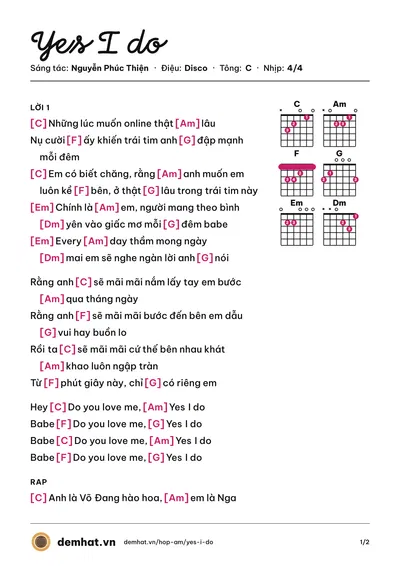 Hợp âm Yes I do (Only C) – bản nhạc PDF trang 1, tông C
