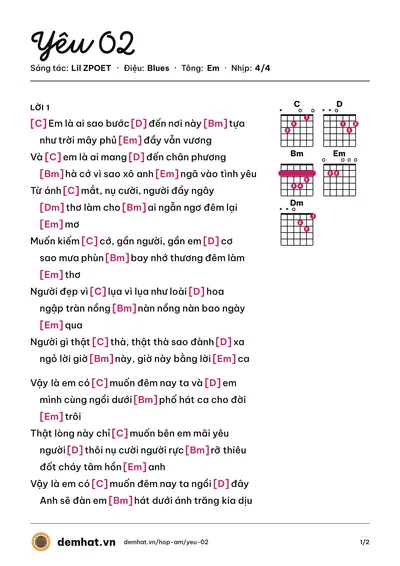 Hợp âm Yêu 02 (Lil ZPOET) – bản nhạc PDF trang 1, tông Em