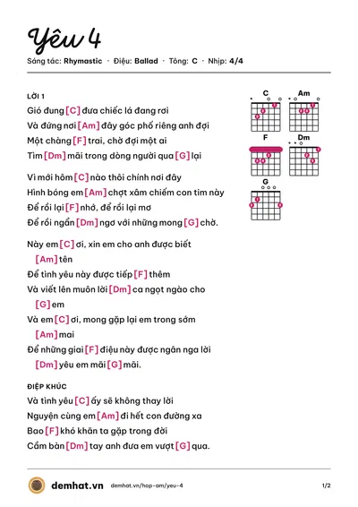 Hợp âm Yêu 4 (Rhymastic) – bản nhạc PDF trang 1, tông C