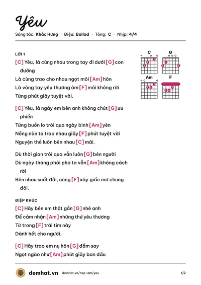Hợp âm Yêu (Min) – bản nhạc PDF trang 1, tông C
