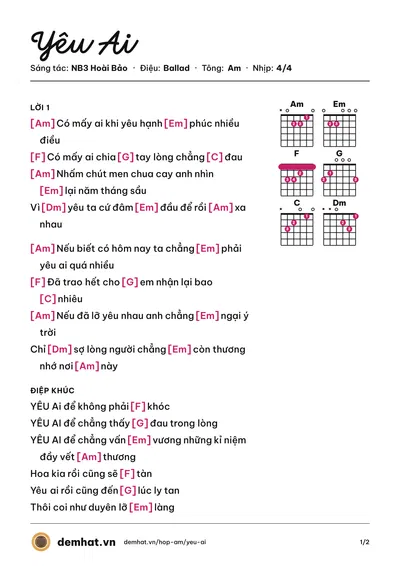Hợp âm Yêu Ai (Hoàng Ly) – bản nhạc PDF trang 1, tông Am