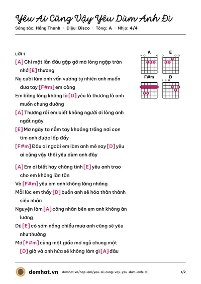 Hợp âm Yêu Ai Cũng Vậy Yêu Dùm Anh Đi (Hồng Thanh) – bản nhạc PDF trang 1, tông A