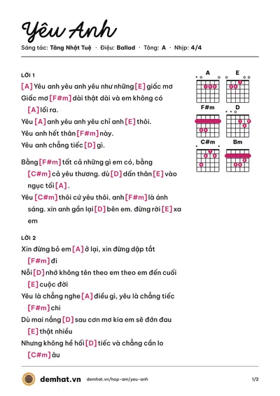 Hợp âm Yêu Anh (Miu Lê) – bản nhạc PDF trang 1, tông A