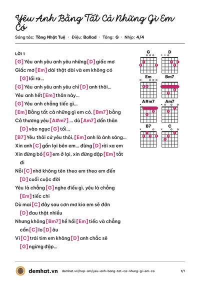 Hợp âm Yêu Anh Bằng Tất Cả Những Gì Em Có (Miu Lê) – bản nhạc PDF trang 1, tông G