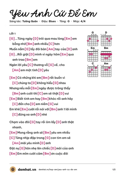 Hợp âm Yêu Anh Cứ Để Em (Song Thư) – bản nhạc PDF trang 1, tông G