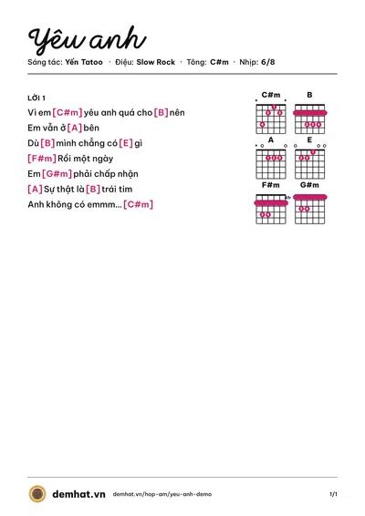 Hợp âm Yêu anh (Yến Tatoo) – bản nhạc PDF trang 1, tông C#m