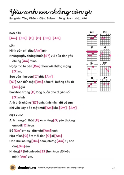 Hợp âm Yêu anh em chẳng còn gì (Như Quỳnh) – bản nhạc PDF trang 1, tông Am