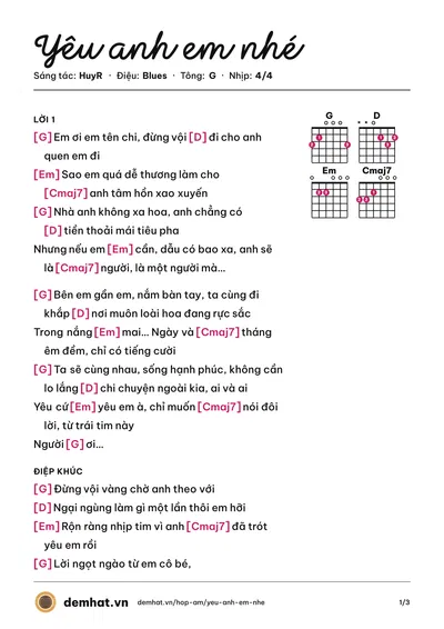 Hợp âm Yêu anh em nhé (HuyR) – bản nhạc PDF trang 1, tông G