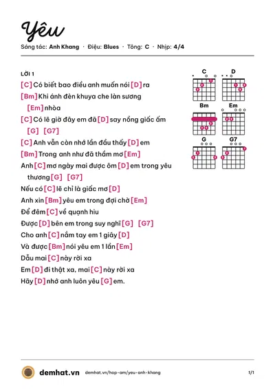 Hợp âm Yêu (Anh Khang) – bản nhạc PDF trang 1, tông C