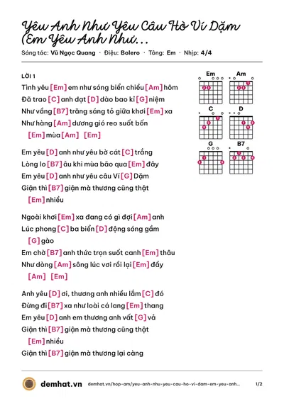 Hợp âm Yêu Anh Như Yêu Câu Hò Ví Dặm (Em Yêu Anh Như Yêu Câu Ví Dặm) (Anh Thơ) – bản nhạc PDF trang 1, tông Em