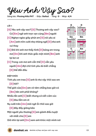 Hợp âm Yêu Anh Vậy Sao? (Phương Hiếu PHT) – bản nhạc PDF trang 1, tông G