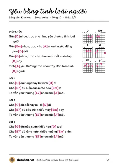Hợp âm Yêu bằng tình loài người (Kito Huu) – bản nhạc PDF trang 1, tông D