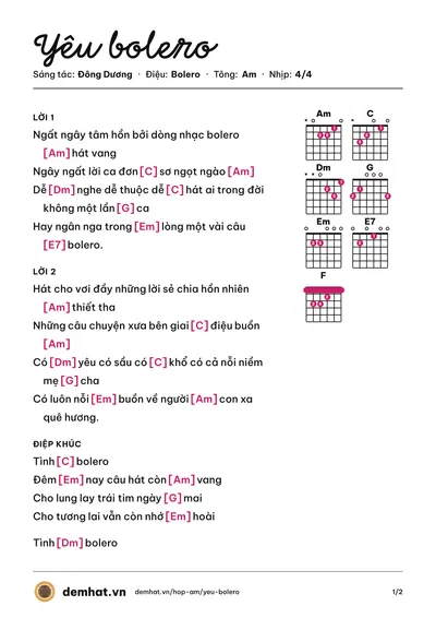 Hợp âm Yêu bolero (Đông Dương) – bản nhạc PDF trang 1, tông Am