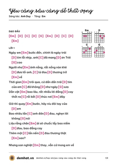 Hợp âm Yêu càng sâu càng dễ thất vọng (Anh Duy) – bản nhạc PDF trang 1, tông Em