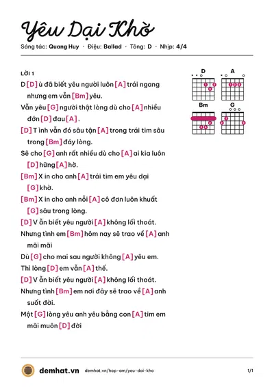 Hợp âm Yêu Dại Khờ (Mỹ Tâm) – bản nhạc PDF trang 1, tông D