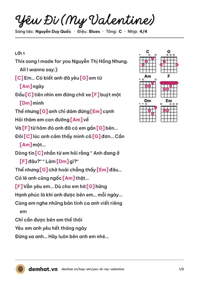 Hợp âm Yêu Đi (My Valentine) (Duy Khánh ZhouZhou) – bản nhạc PDF trang 1, tông C