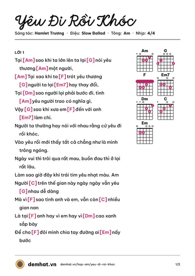 Hợp âm Yêu Đi Rồi Khóc (Hamlet Trương) – bản nhạc PDF trang 1, tông Am