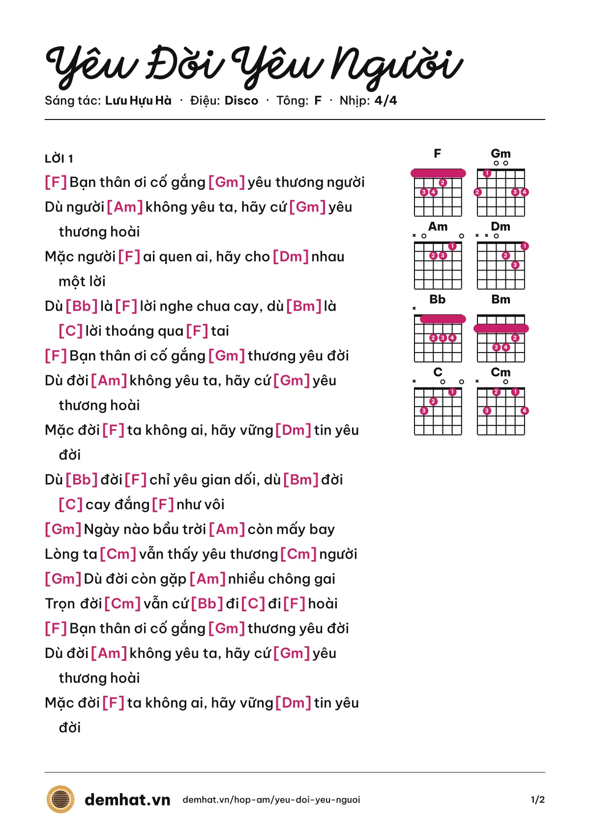Hợp âm Yêu Đời Yêu Người (Elvis Phương) – bản nhạc PDF trang 1, tông F